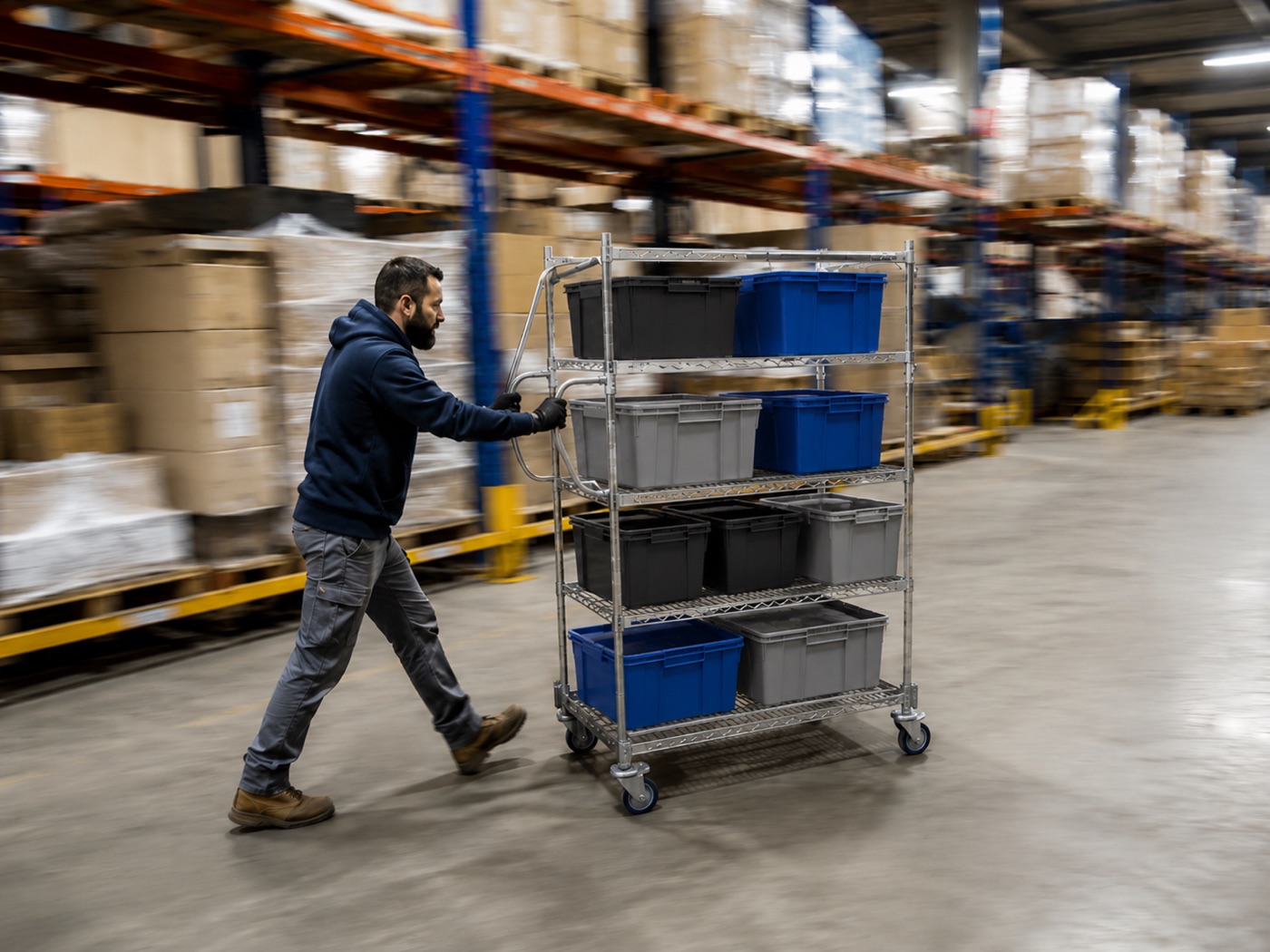 A warehouse operator moves a cart of picked totes for downstream item sortation