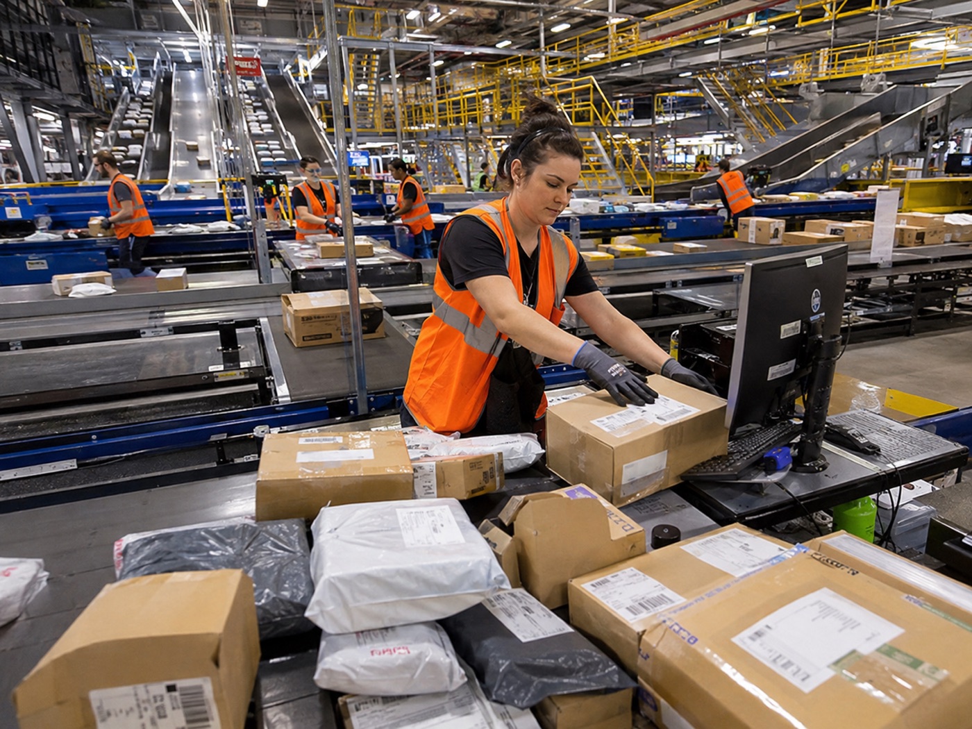 An operator sorting parcels into destination groups at a carrier facility